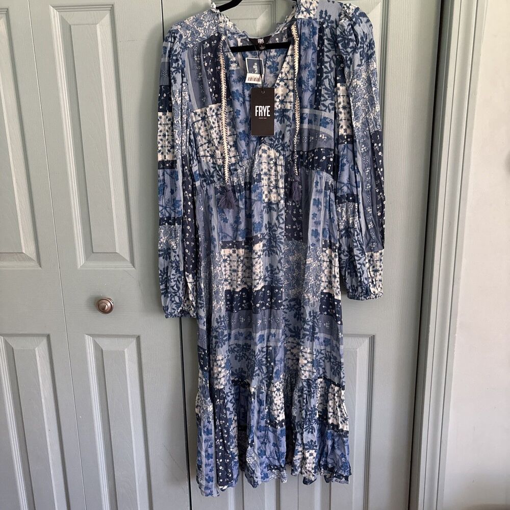 Frye Chambray Manor Boho Floral Patchwork Midi Long Sleeve Dress Large